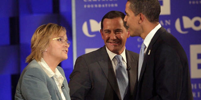Aug. 9, 2007: Presidential hopeful Barack Obama speaks to singer Melissa Etheridge and Human Rights Campaign President Joe Solmonese at a presidential forum focused on lesbian, gay, bisexual and transgender issues co-sponsored by cable channel Logo and the HRC Foundation.