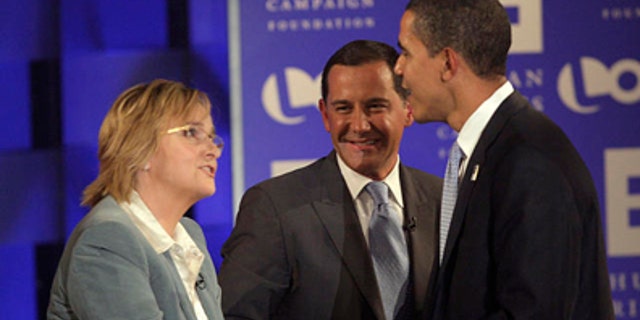 Aug. 9, 2007: Presidential hopeful Barack Obama speaks to singer Melissa Etheridge and Human Rights Campaign President Joe Solmonese at a presidential forum focused on lesbian, gay, bisexual and transgender issues co-sponsored by cable channel Logo and the HRC Foundation.