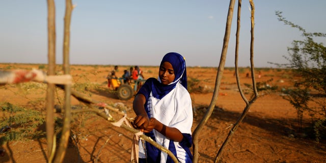 Zeinab, 14, helps her mother and sister build a new shelter at a camp for internally displaced people from drought hit areas in Dollow, Somalia April 2, 2017.