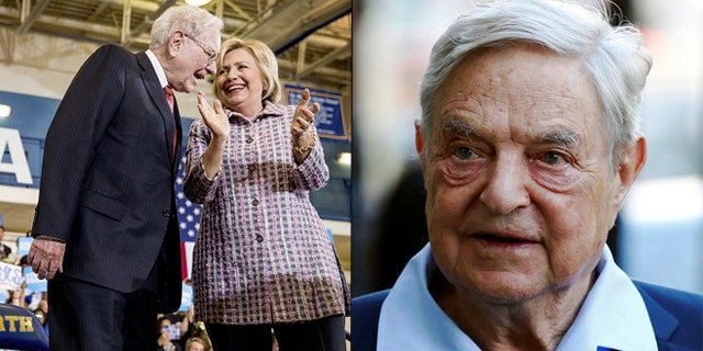 At left, Warren Buffett with Hillary Clinton; at right, George Soros (AP/Reuters)