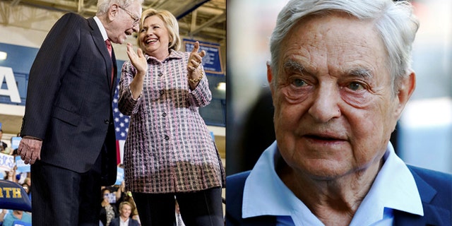 At left, Warren Buffett with Hillary Clinton; at right, George Soros (AP/Reuters)