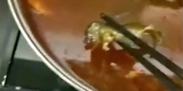 The woman eating at a restaurant chain in China made the disgusting discovery a few bites into her meal.