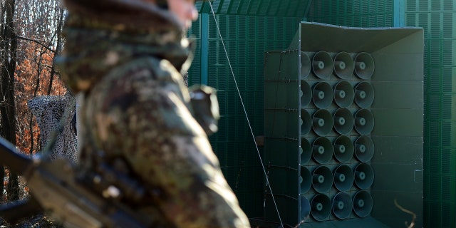 Jan. 8, 2016: A South Korean soldier stands near the loudspeakers near the border area between South Korea and North Korea in Yeoncheon, South Korea (Lim Tae-hoon/Newsis via AP)
