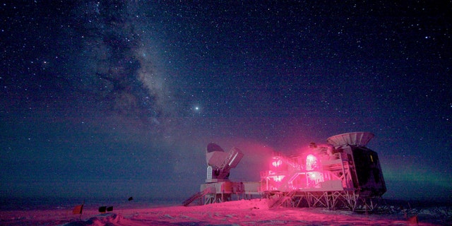 The South Pole Telescope and the BICEP Telescope at Amundsen-Scott South Pole Station in Aug. 2008 (REUTERS/Keith Vanderlinde/National Science Foundation/Handout)