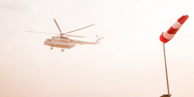 Helicopter of Secretary-General Ban Ki-moon seen in February above Juba, South Sudan.