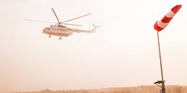 Helicopter of Secretary-General Ban Ki-moon seen in February above Juba, South Sudan.