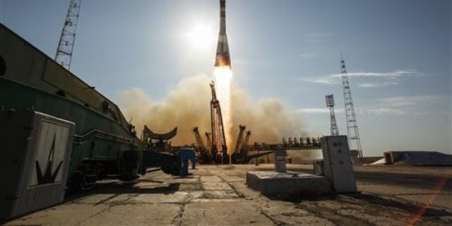 A Soyuz TMA-04M rocket launches from the Baikonur Cosmodrome in Kazakhstan on Tuesday, May 15, 2012.