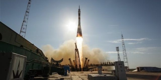 A Soyuz TMA-04M rocket launches from the Baikonur Cosmodrome in Kazakhstan on Tuesday, May 15, 2012.