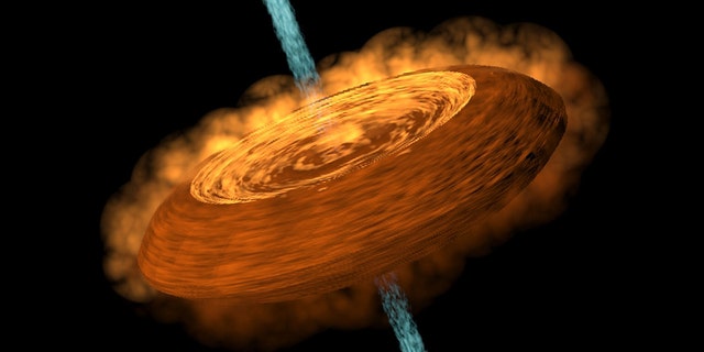 An illustration of a hamburger-shaped accretion disk feeding a young protostar, and the jets of gaseous material ejected from the young star's north and south poles.