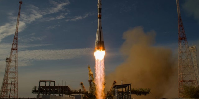 A Russian Soyuz spacecraft launches from the Baikonur Cosmodrome in Kazakhstan, carrying new crewmembers toward the International Space Station in 2012. Credit: Bill Ingalls/NASA