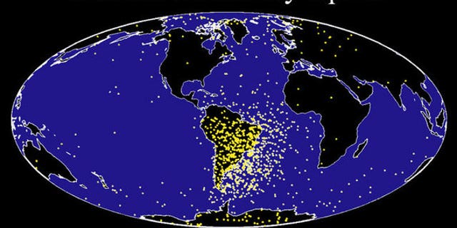 This chart maps the location of memory failures, in yellow, for an old satellite, UoSAT-2. They happen much more frequently as it passes through the South Atlantic Anomaly. During solar storms, objects passing through the anomaly are much more