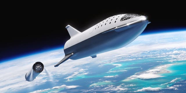 An artist's illustration of SpaceX's Big Falcon Rocket launching into space. SpaceX will launch Japanese entrepreneur Yusaku Maezawa on the first private passenger flight around the moon, possibly in 2023.