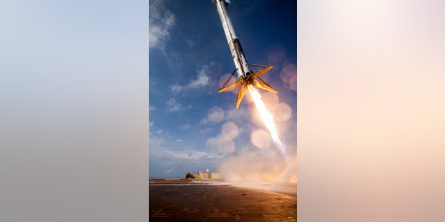 The first stage of SpaceX's Falcon 9 rocket attempts to land on the deck of a "drone ship" after sending the company's Dragon cargo capsule toward the International Space Station on April 14, 2015.