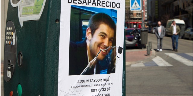 March 6, 2011: A poster of missing U.S. student Austin Bice, stuck to a parking meter in Madrid. Police, family and friends have stepped up a search for the San Diego State University exchange student who went missing after visiting a nightclub in Madrid more than a week ago.