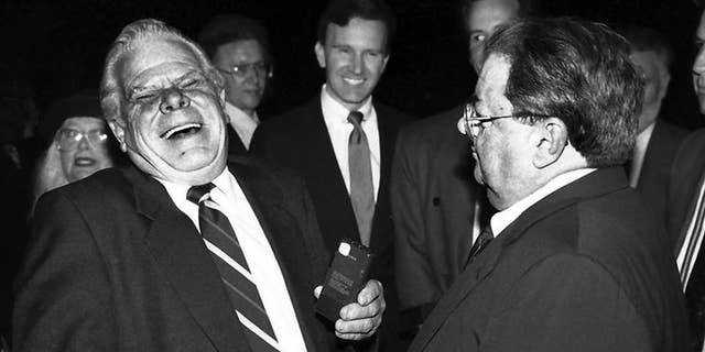 Hanlon's fellow 'Our Gang' stars Tom "Butch" Bond and George "Spanky" McFarland (l-r) share a laugh in 1992.