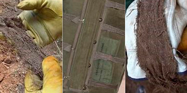 Images shows shots of the nylon strap found in a mound of dirt, with a photo of a Navy Backpack 8 (NB 8), like the one D.B. Cooper jumped with.  Tom Colbert noted a similar strap can bee seen in the middle of the NB 8.