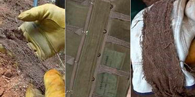 Images shows shots of the nylon strap found in a mound of dirt, with a photo of a Navy Backpack 8 (NB 8), like the one D.B. Cooper jumped with. Tom Colbert noted a similar strap can bee seen in the middle of the NB 8.