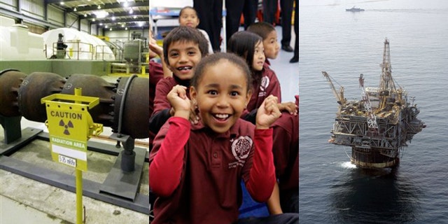 Shown here are a nuclear plant in Vernon, Vt., left; school children in Oakland, Calif., center; and a Chevron oil rig in the Gulf of Mexico. (AP Photos)
