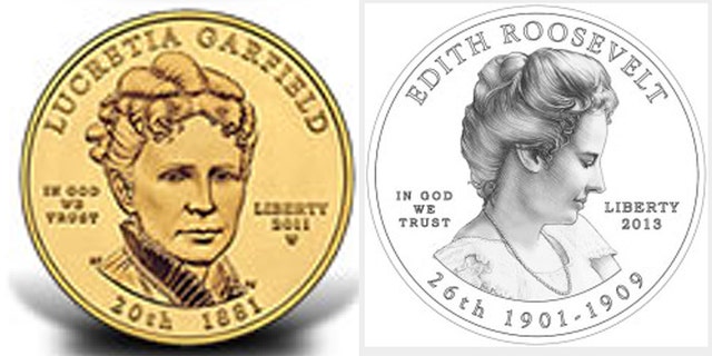Former first lady Lucretia Garfield, left, made it on a coin in 2011. Edith Roosevelt, right, is set to make her debut later this year.