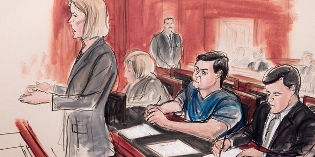 Feb. 11, 2015: In this courtroom sketch, Assistant U.S. Attorney Anna Skotko, foreground left, addresses the court at the arraignment of Russian citizen Evgeny Buryakov in New York.