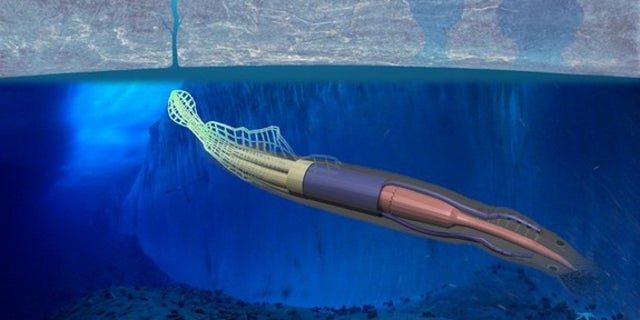 Artist's rendering showing 2015 NIAC Phase I Fellow Mason Peck's soft-robotic rover that could explore ocean-harboring moons such as Europa. It resembles a squid, with tentacle-like structures that harvest power from locally changing magnetic f