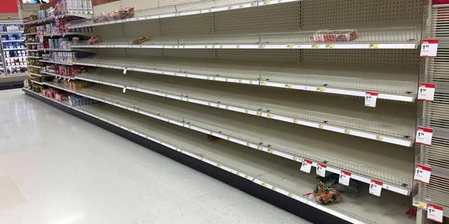 Empty grocery store shelves in Stafford, Virginia.