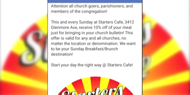 The Facebook promotion offered a 10-percent discount to anyone who brought in a church bulletin.