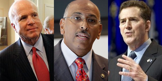 Shown here are Sen. John McCain, left, RNC Chairman Michael Steele, center, and Sen. Jim DeMint, right. (AP Photos)