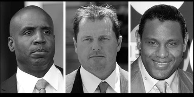 FILE - At left, in a June 23, 2011 file photo, former San Francisco Giants baseball player Barry Bonds leaves federal court in San Francisco. At center, in a July 14, 2011 file photo, former Major League baseball pitcher Roger Clemens leaves federal court in Washington. At right in a May 13, 2009 file photo, former baseball player Sammy Sosa attends the People En Espanol "50 Most Beautiful" gala in New York. With the cloud of steroids shrouding the candidacies of Bonds, Clemens and Sosa, baseball writers on Wednesday, Jan. 9, 2013, might not elect anyone to the Hall of Fame for only the second time in four decades. (AP Photo/File)