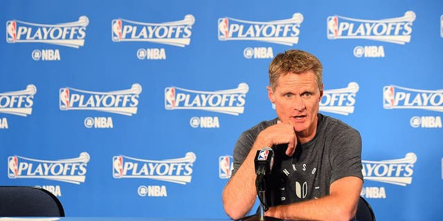 OAKLAND, CA - APRIL 19: Steve Kerr of the Golden State Warriors talks to the media during a press conference after Game Two of the Western Conference Quarterfinals against the Portland Trail Blazers during the 2017 NBA Playoffs on April 19, 2017 at ORACLE Arena in Oakland, California. NOTE TO USER: User expressly acknowledges and agrees that, by downloading and or using this photograph, user is consenting to the terms and conditions of Getty Images License Agreement. Mandatory Copyright Notice: Copyright 2017 NBAE (Photo by Noah Graham/NBAE via Getty Images)