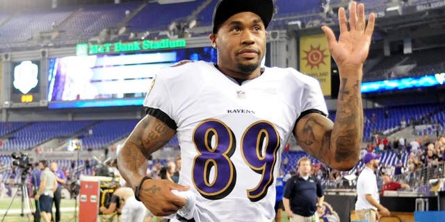 Aug 7, 2014; Baltimore, MD, USA; Baltimore Ravens wide receiver Steve Smith, Sr. (89) waves to fans after beating the San Francisco 49ers 23-3 at M&T Bank Stadium. Mandatory Credit: Evan Habeeb-USA TODAY Sports