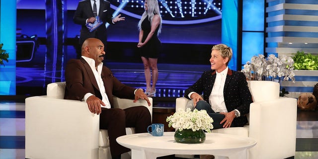 Steve Harvey speaks to Ellen DeGeneres about the upcoming Kardashian episode of "Family Feud."