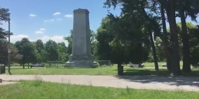 The Confederate monument was placed in the park in 1914 by the Daughters of the Confederacy.