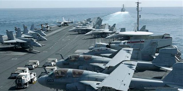 Aircraft parked on the flight deck of the USS Abraham Lincoln in this 2012 photo.