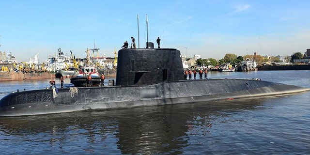The Argentine military submarine ARA San Juan and crew are seen leaving the port of Buenos Aires in June 2014.