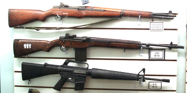 The evolution of the standard infantry rifle is seen in this display at the Arizona Military Museum in Phoenix. From top to bottom: the M1 Garand, the M14 and the M16 – showcasing 30 years of weapons development.  (Photo: Peter Suciu)