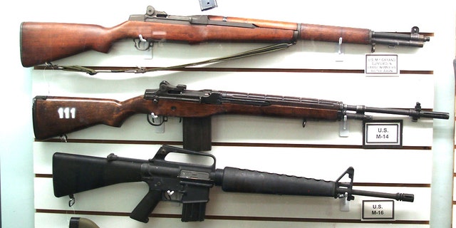 The evolution of the standard infantry rifle is seen in this display at the Arizona Military Museum in Phoenix. From top to bottom: the M1 Garand, the M14 and the M16 – showcasing 30 years of weapons development. (Photo: Peter Suciu)