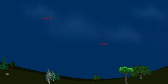 This sky map shows the location of the bright stars Vega, Altair and Deneb in the eastern night sky in summer 2012.The stars form the Summer Triangle visible in North Hemisphere night skies.