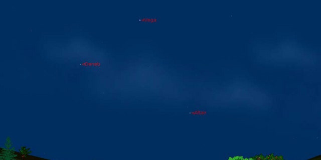 This sky map shows the location of the bright stars Vega, Altair and Deneb in the eastern night sky in summer 2012.The stars form the Summer Triangle visible in North Hemisphere night skies.