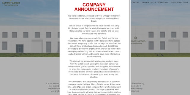 Summer Garden Foods, the company that produces Batali's line, has also said they will "transition" away from the Batali brand.