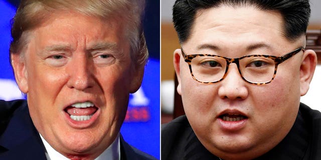 FILE - A combination of two file photos shows U.S. President Donald Trump, left, in Cleveland, Ohio, May 5, 2018, and North Korean leader Kim Jong Un, right, in Panmunjom, South Korea, April 27, 2018. The June 12 meeting between tough-talking President Donald Trump and North Korean leader Kim Jong Un, a brash young ruler with a nuclear arsenal, brings a bombastic set of personalities to the small island nation, which has hosted plenty of important meetings, but nothing as big as this. (AP Photo/Manuel Balce Ceneta, Korea Summit Press Pool via AP, File)