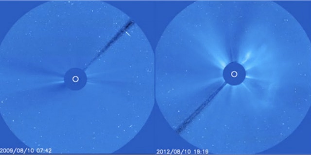 This screenshot from a video taken by the NASA/ESA SOHO spacecraft shows how much more active the sun is in August 2012 (right) than it was three years ago (left).