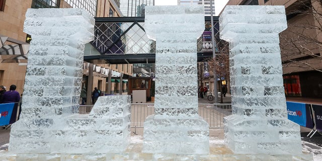 A view of an ice sculpture for Super Bowl LII on Nicollet Mall at the Super Bowl Live event on Jan. 30 in Minneapolis, MN.