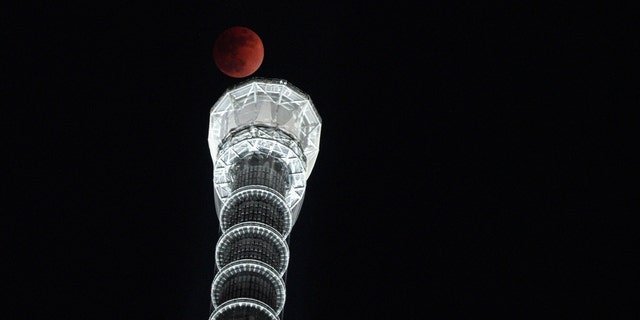 Lunar eclipse is seen over Tokyo Skytree in Tokyo Wednesday, Jan. 31, 2018. (AP Photo/Eugene Hoshiko)