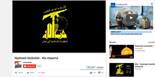 A Super Bowl ad for Turbo Tax appears at top right on a terror-linked YouTube channel.