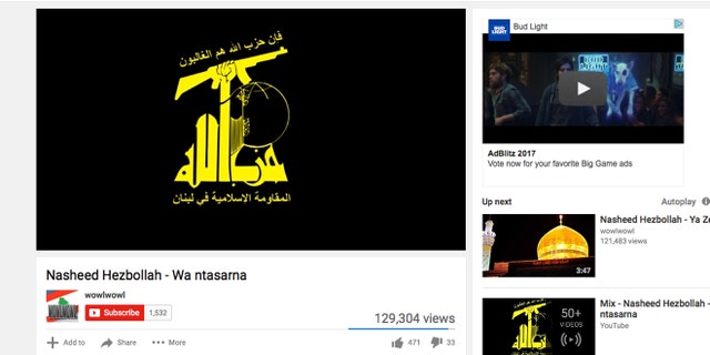 At top right, and ad for Budweiser featuring character "Spuds McKenzie" appears on a YouTube channel used to radicalize terror sympathizers.