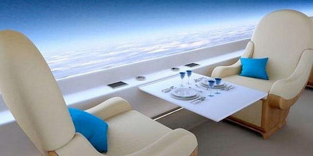 The windowless cabins will have a live feed of the outside world or whatever you want projected on the screen.