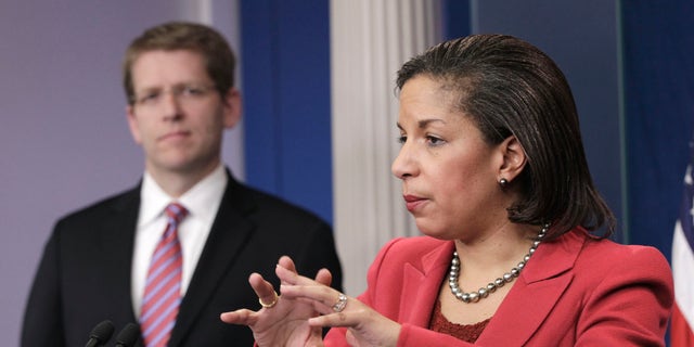 US Ambassador to the United Nations Susan Rice, right, accompanied by White House Press Secretary Jay Carney, gestures during the daily news briefing at the White House in Washington, Monday, Feb., 28, 2011. (AP)