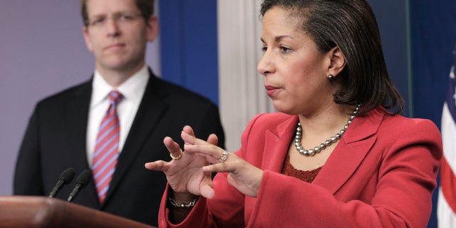 US Ambassador to the United Nations Susan Rice, right, accompanied by White House Press Secretary Jay Carney, gestures during the daily news briefing at the White House in Washington, Monday, Feb., 28, 2011. (AP)