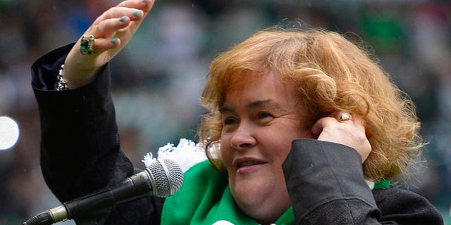 Aug. 29, 2012: Singer Susan Boyle sings "You'll never walk alone" before the Champions League play-off round second leg soccer match between Celtic and Helsingborgs IF at Parkhead stadium in Glasgow, Scotland.